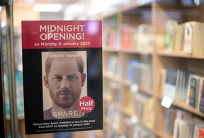 A poster advertising the forthcoming publication of the book “Spare” by Prince Harry, Duke of Sussex, is pictured in the window of a book store in London on Jan. 6, 2023.