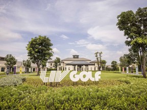 A sign for LIV Golf sign at the Stonehill Golf Course in Pathum Thani, Thailand, on Thursday, Sept. 22, 2022. Thailand's newly opened Stonehill is a pet project of Sarath Ratanavadi, the country's second-richest man. Photographer: Andre Malerba/Bloomberg