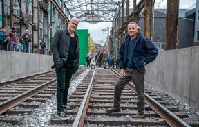 Director Marc Forster, left, and Tom Hanks on the set of A Man Called Otto.