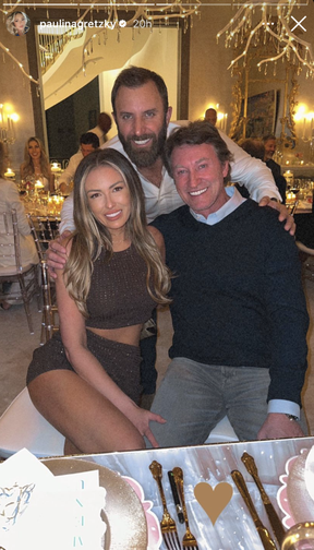 FAMILY FIRST: Paulina Gretzky, Dustin Johnson and Wayne Gretzky in an image posted to her Instagram Story on Friday, Jan. 27, 2023.