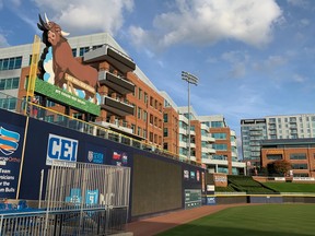The snorting bull sign, borrowed from the Kevin Costner movie, in left field at Durham Bulls Athletic Park,