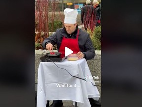 Video posted on social media shows the "French Toast Guy" dining on French toast on a linen-covered makeshift at Bathurst TTC station.