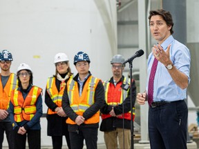 Prime Minister Justin Trudeau answers questions from media after his tour of the Vital Metals rare earths element processing plant in Saskatoon, Sask., Jan. 16, 2023.