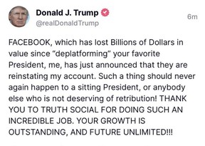 Donald Trump reacted to the news that his Facebook and Instagram accounts will be restored after Meta made the announcement on Wednesday, Jan.  25, 2023.