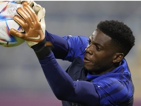 Goalkeeper Sean Johnson of the United States participates in an official training on the eve of the group B World Cup soccer match between United States and Wales, at Al-Gharafa SC Stadium, in Doha, Qatar, Sunday, Nov. 20, 2022.