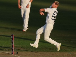 England captain Ben Stokes bowls during day two of the first cricket test match between New Zealand and England at Bay Oval in Mount Maunganui on Feb. 17, 2023.