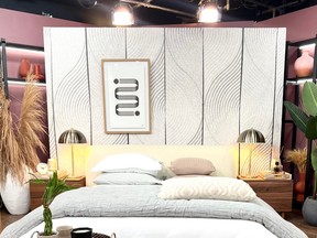 This Zen-like bedroom (as seen on the set of Citytv’s Cityline) just purrs with Casalife inventory. Featured are an upholstered platform bed, cherry wood nightstands, toffee hide ottomans and a tactile leather strapped chair.