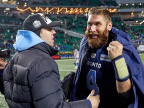 Polarizing Argos quarterback McLeod Bethel-Thompson celebrates his team’s victory in the 2022 Grey Cup game in Regina. MBT will play for the New Orleans Breakers of the USFL, then try again to land an NFL job.