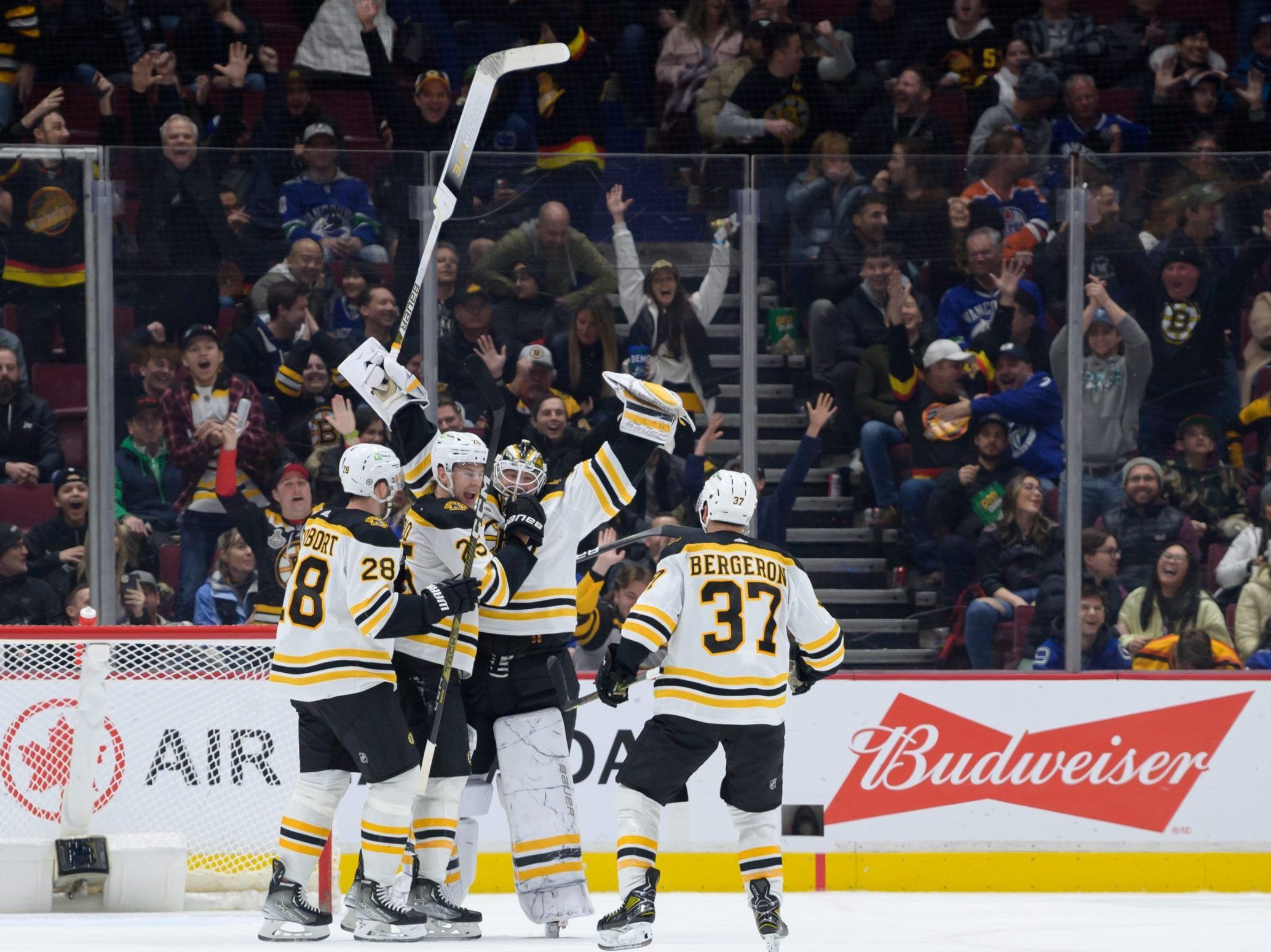Bruins goaltender Linus Ullmark scores into empty net