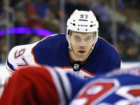 Connor McDavid of the Edmonton Oilers prepares to skates against the New York Rangers during the third period at Madison Square Garden on November 26, 2022 in New York City.