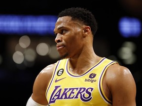 Russell Westbrook of the Los Angeles Lakers looks on during the second half against the Brooklyn Nets at Barclays Center on January 30, 2023 in the Brooklyn borough of New York City.