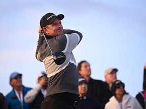 Justin Rose of England plays his shot from the ninth tee during the final round of the AT&T Pebble Beach Pro-Am at Pebble Beach Golf Links on February 05, 2023 in Pebble Beach, California.
