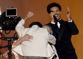 Harry Styles accepts the Album Of The Year award for Harry’s House from Reina Halvorsen and host Trevor Noah onstage during the 65th GRAMMY Awards at Crypto.com Arena on Feb. 5, 2023 in Los Angeles.