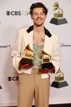Harry Styles winner of Best Pop Vocal Album for ?Harry?s House? and Album of the Year for ?Harry?s House? poses in the press room during the 65th GRAMMY Awards at Crypto.com Arena on February 05, 2023 in Los Angeles, California. (Photo by Amy Sussman/Getty Images)