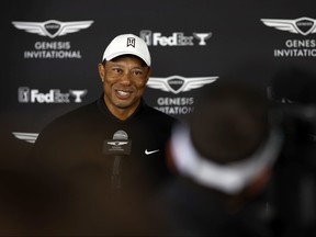 Tiger Woods of the United States speaks during a press conference during the second round of the The Genesis Invitational at Riviera Country Club on February 17, 2023 in Pacific Palisades, California.