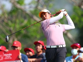 Natthakritta Vongtaveelap of Thailand tees off on the 2nd hole during the second round of the Honda LPGA Thailand at Siam Country Club on February 24, 2023 in Chon Buri, Thailand. (Photo by Thananuwat Srirasant/Getty Images)