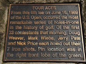 A plaque on the sixth hole to commemorate the four aces on the 6th hole during the 1989 US Open at Oak Hill as seen during a practice round prior to the start of the 95th PGA Championship at Oak Hill Country Club on August 7, 2013 in Rochester, New York.  (Photo by Stuart Franklin/Getty Images)