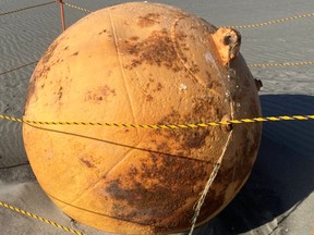 A ball is seen on a beach in Hamamatsu, Japan, Feb. 22, 2023, in this still image obtained from Twitter.