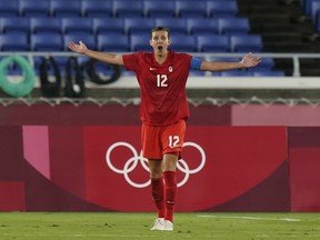 Canada's Christine Sinclair pleads for a penalty kick during the women's soccer gold medal game against Sweden at the Tokyo Olympics in Yokohama, Japan on Friday, August 6, 2021.