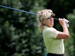 Jan Stephenson watches her shot off the fifth tee during the final round of the Legends Tour Hy-Vee Classic golf tournament, Sunday, June 25, 2006, in Johnston, Iowa.