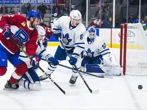 Marlies defenceman Marshall Rifai defends against the Laval Rockets Saturday afternoon.