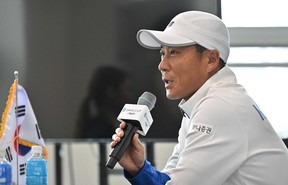 South Korea’s tennis team captain Park Seung-kyu speaks during a pre-draw press conference of the Davis Cup qualifiers first round between South Korea and Belgium in Seoul on February 2, 2023. (Photo by Jung Yeon-je / AFP)