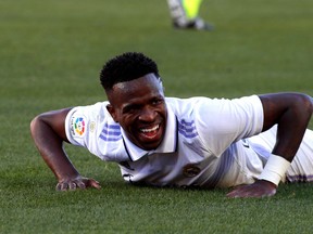 Real Madrid's Brazilian forward Vinicius Junior reacts during the Spanish League football match between RCD Mallorca and Real Madrid at the Visit Mallorca stadium in Palma de Mallorca on February 5, 2023.