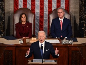 U.S. Vice President Kamala Harris and Speaker of the House Kevin McCarthy (R-CA) listen as President Joe Biden delivers the State of the Union address in the House Chamber of the Capitol in Washington, DC, on February 7, 2023.