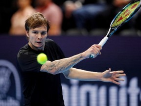 Kazakhstan's Alexander Bublik is pictured in action during his quarter-final match against Canada's Felix Auger Aliassime at the ATP 500 in St. Jakobshalle, Basel, Switzerland, Oct. 28, 2022.