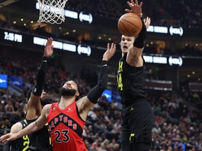 Toronto Raptors guard Fred VanVleet (23) has his shot blocked by Utah Jazz center Walker Kessler (right) in the first quarter at Vivint Arena Feb 1, 2023 in Salt Lake City, Utah.