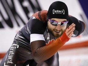 Canada's Laurent Dubreuil skate to victory in the men's 500-metre competition at the ISU World Cup speed skating event in Calgary, Alta., Saturday, Dec. 10, 2022.