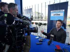 Toronto Blue Jays general manager Ross Atkins speaks at a media availability during spring training in Dunedin, Fla., on Thursday, February 16, 2023.
