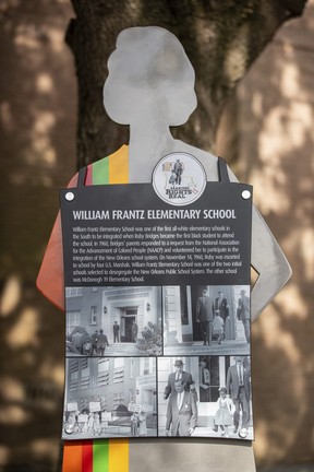 A new Civil Rights Trail marker is unveiled at William T. Frantz Elementary School, now named Akili Academy, where Ruby Bridges attended and made Civil Right history, in New Orleans on Thursday, Jan. 12, 2023. (David Grunfeld/The Times-Picayune/The New Orleans Advocate via AP)