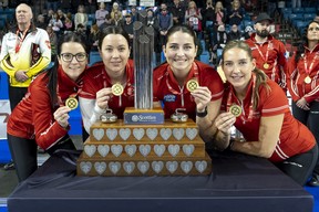 Kerri Einarson (l-r), Val Sweeting, Shannon Birchard and Briane Harris won the Scotties for the fourth straight year and will represent Canada at the world championship in Sweden.