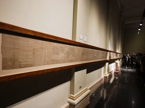 A view of the intact papyrus named Waziri-1 Papyrus, containing inscriptions from the Book of the Dead, following conference at the Egyptian Museum after opening of the newly renovated wing in the 120-year-old Egyptian museum in Egypt's capital of Cairo, February 20, 2023.