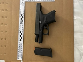 A gun allegedly seized Tuesday, Jan. 31, 2023 during a search of a hotel in Mississauga.