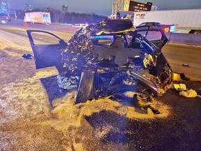 An image from OPP of a vehicle involved in a crash on Hwy. 401 near Leslie St. The three male occupants were seriously hurt.