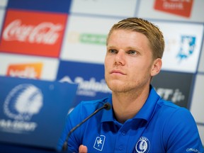 Gent's Sigurd Rosted gives a press conference, on August 22, 2018 in Genk, on the eve of the team's Europa League qualifying round football match.