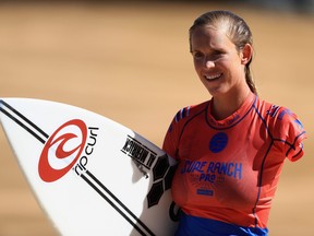 Bethany Hamilton exits the water during the women's qualifying round of the World Surf League Surf Ranch Pro  on September 8, 2018 in Lemoore, California.