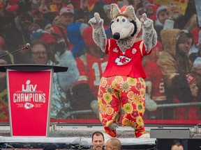 KC Wolf entertains fans during the Kansas City Chiefs Victory Parade on Feb. 5, 2020 in Kansas City, Miss.