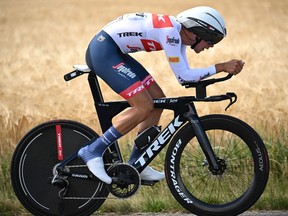 Trek-Segafredo team's Italian rider Antonio Tiberi rides during the fourth stage of the 74th edition of the Criterium du Dauphine individual time trial cycling race, 31.9 km between Montbrison and La Batie d'Urfe, central eastern France, on June 8, 2022.