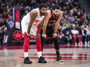 The trade demand this week of Nets’ Kyrie Irving (left) will most likely temper interest among other NBA teams in fellow point guard Fred VanVleet of the Raptors.