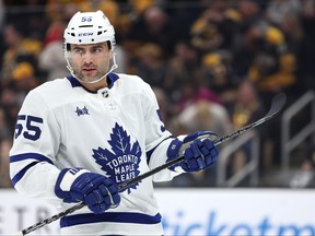 Mark Giordano of the Toronto Maple Leafs looks on during the first period against the Boston Bruins at TD Garden on January 14, 2023 in Boston, Massachusetts.