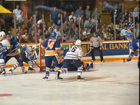 Maple Leafs centre Doug Gilmour scores his famous double-overtime wraparound goal against the St. Louis Blues in the 1993 playoffs