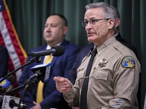 Tulare County Sheriff Mike Boudreaux speaks Monday, Jan. 30, 2023, about new developments in the investigation of a mass shooting that occurred Jan. 16, in Goshen, Calif.