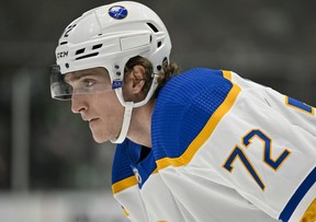 Buffalo Sabers center Tage Thompson (72) waits to face off against the Dallas Stars during the third period at the American Airlines Center on January 23, 2023.