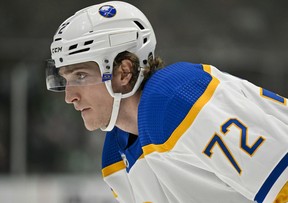 Buffalo Sabres centre Tage Thompson (72) waits for the face-off against the Dallas Stars during the third period at the American Airlines Center Jan. 23, 2023.