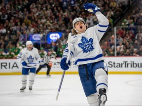 Toronto Maple Leafs right wing William Nylander celebrates after scoring in the third period against the Minnesota Wild at Xcel Energy Center.