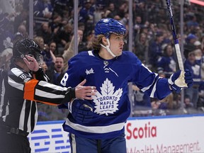 Toronto Maple Leafs forward William Nylander reacts after scoring against the Columbus Blue Jackets during the first period at Scotiabank Arena.