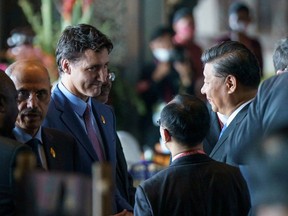 Canada's Prime Minister Justin Trudeau speaks with China's President Xi Jinping at the G20 Leaders' Summit in Bali, Indonesia, November 15, 2022.  Adam Scotti/Prime Minister's Office/Handout via REUTERS. THIS IMAGE HAS BEEN SUPPLIED BY A THIRD PARTY.